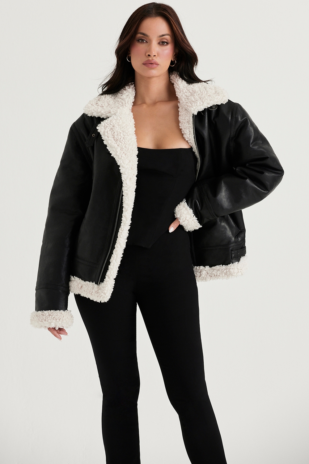 Madden-Black Vegan Shearling Aviator Jacket