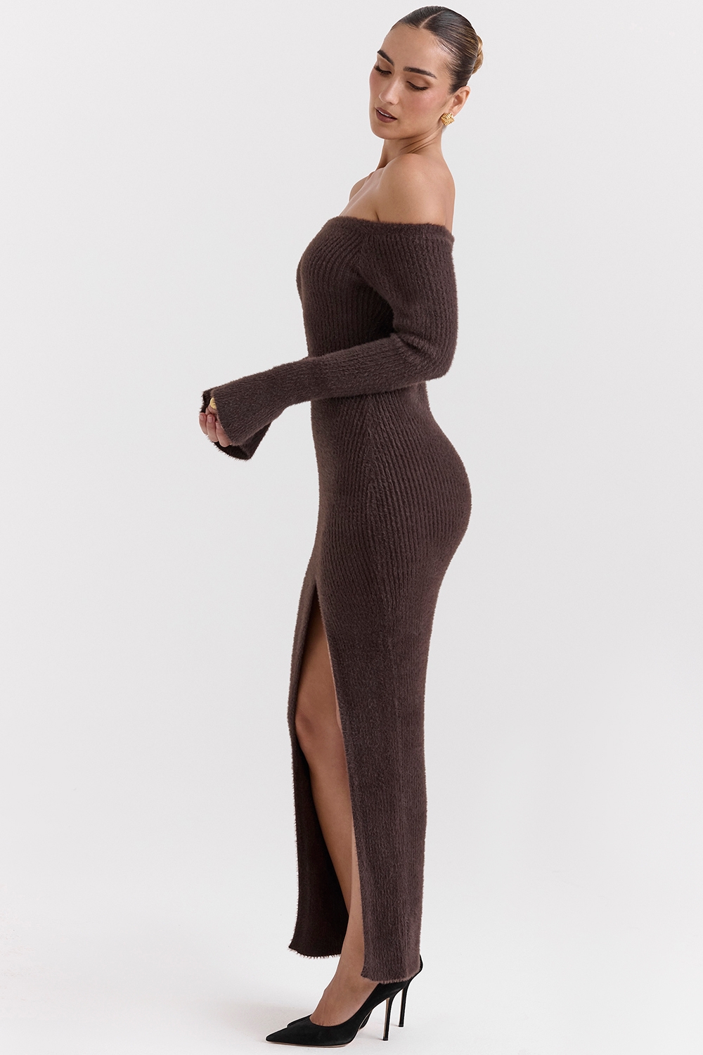 Lucena-Espresso Knit Off Shoulder Dress