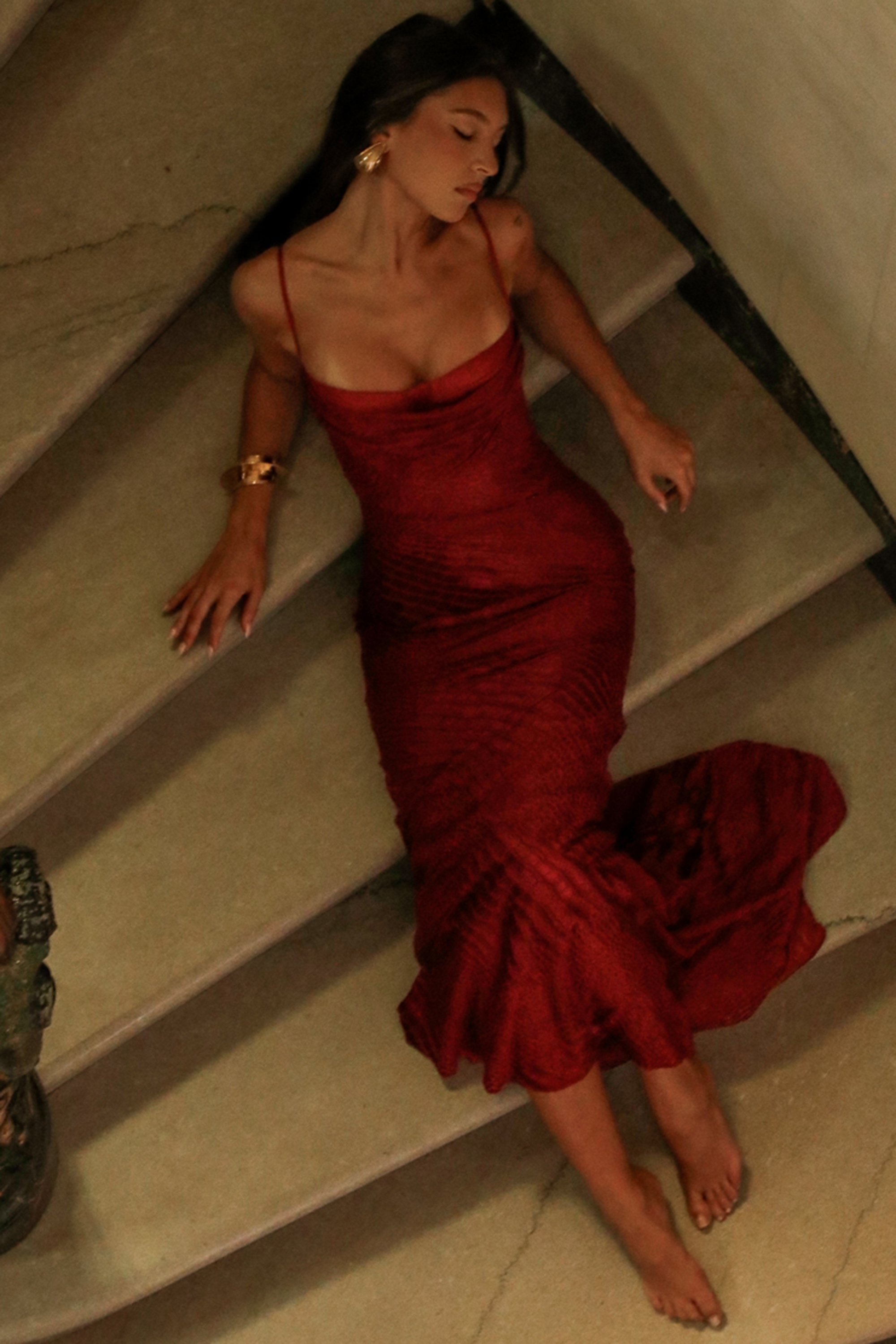Nalani-Deep Red Devoré Satin Maxi Gown - Limited Edition