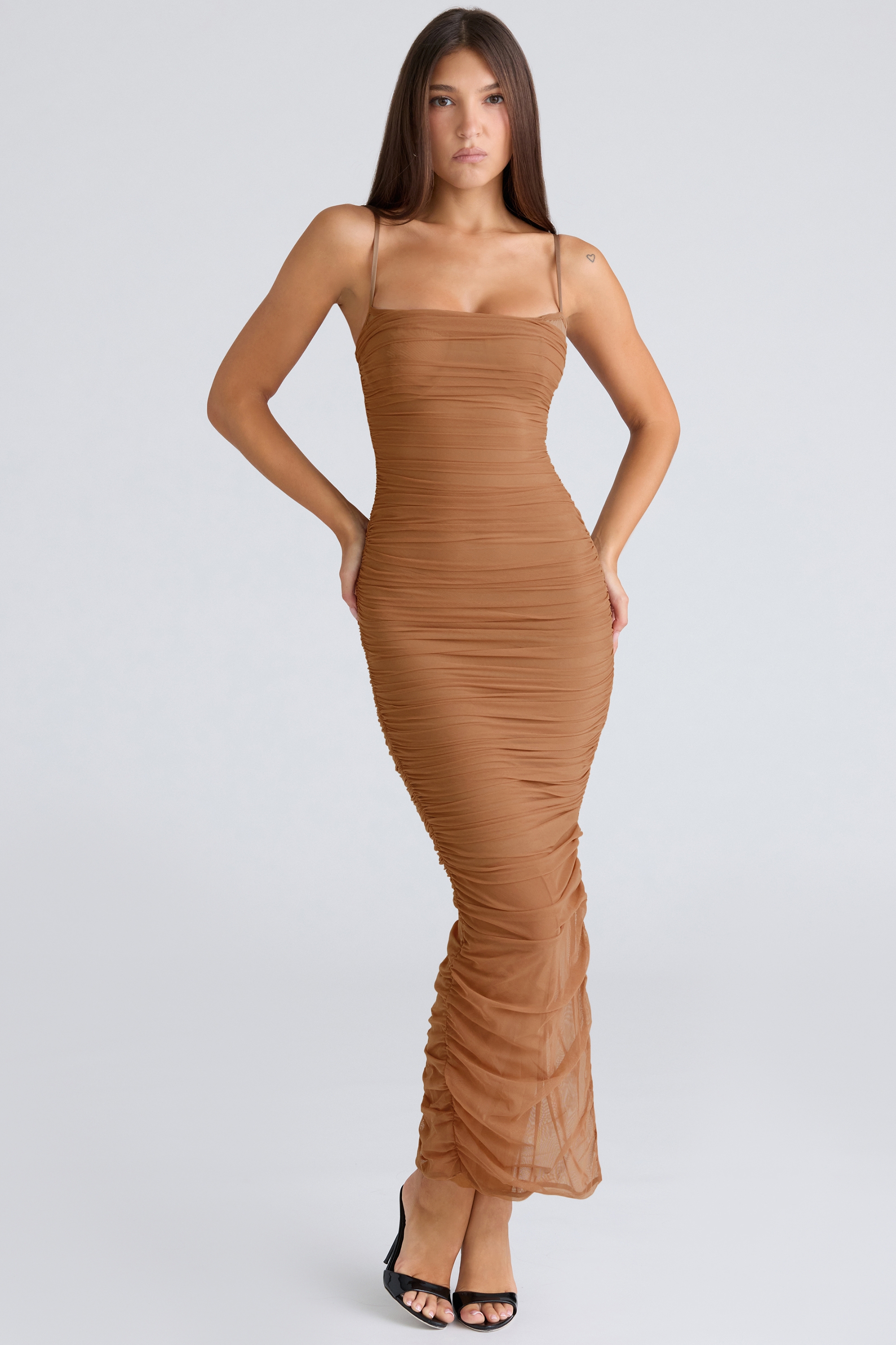 Fornarina-Tan Gathered Stretch Mesh Maxi Dress