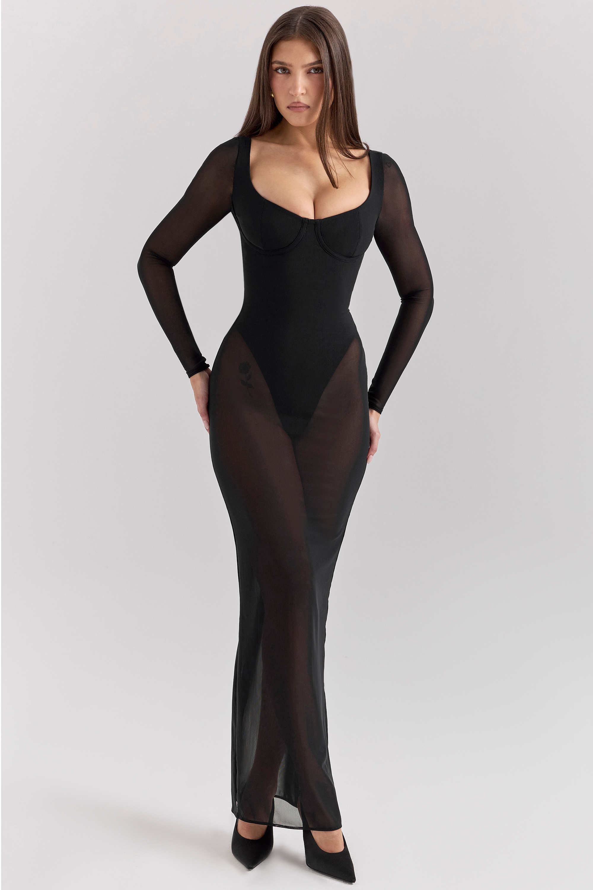 Everly-Black Mesh Maxi Dress with Bodysuit