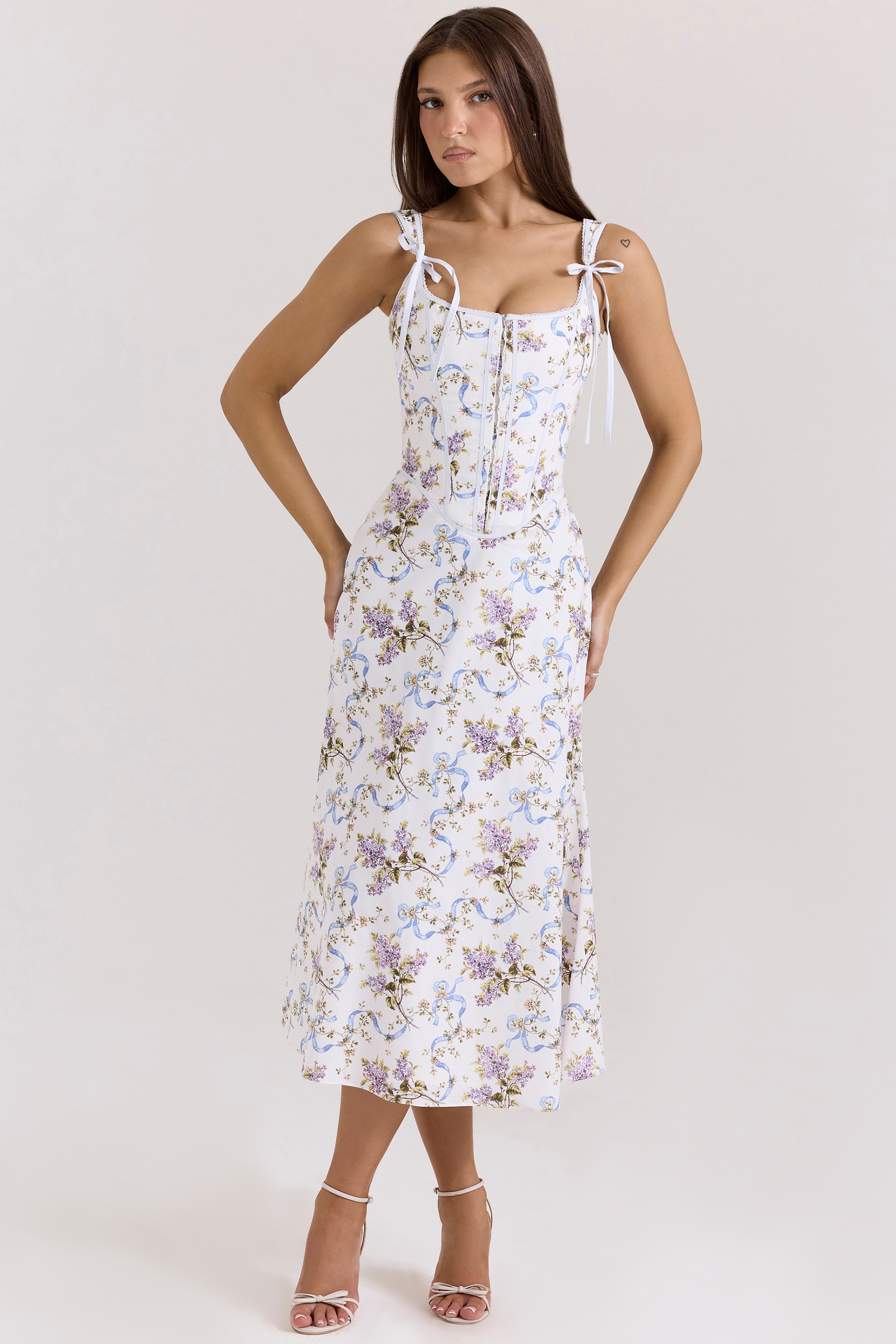 Dionne-Off White Floral Print Cotton Midi Dress
