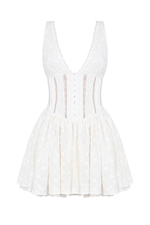Sarita-White Cotton Broderie Anglais Plunge Mini Dress
