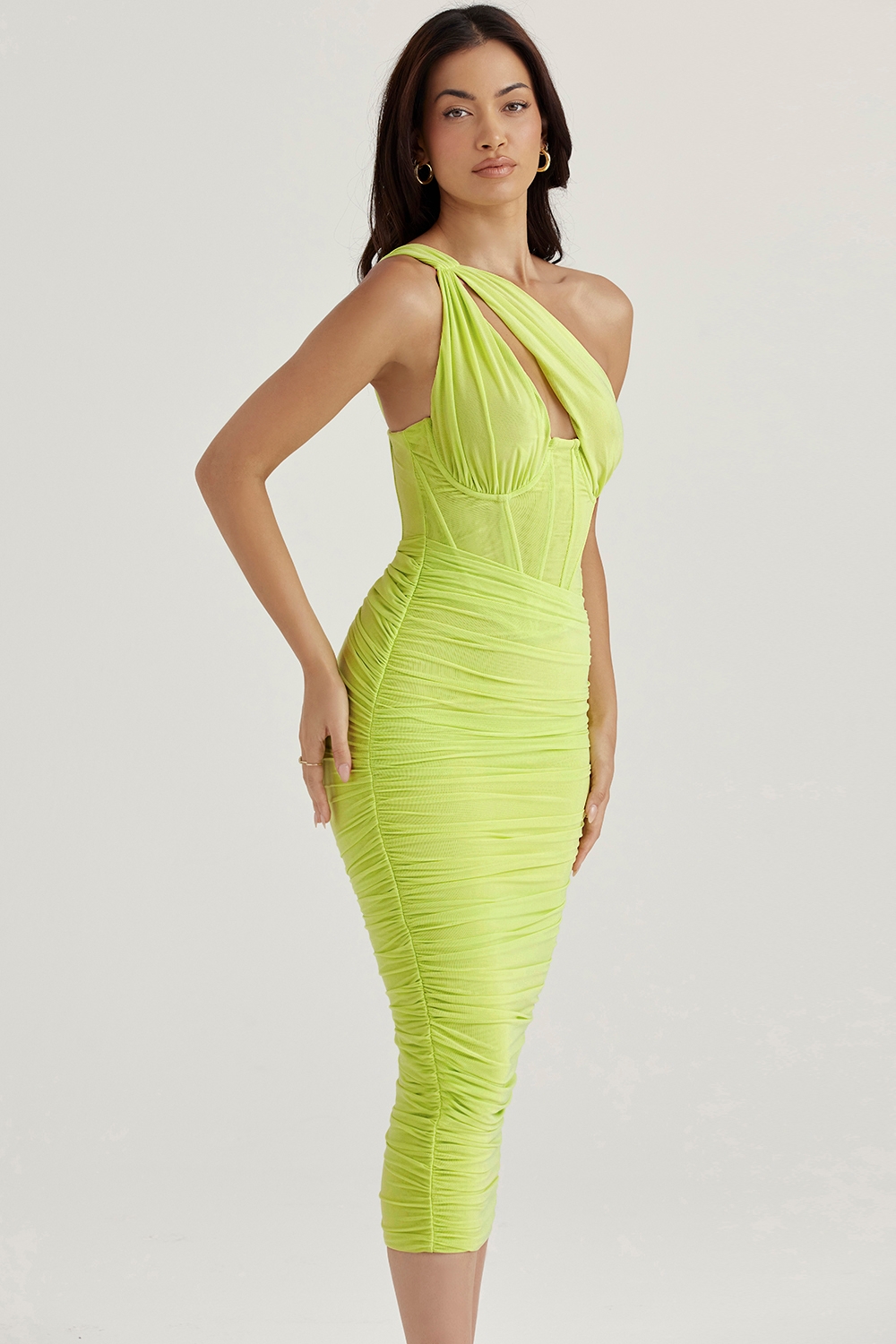 Valentina-Lime Asymmetric Cutout Midi Dress