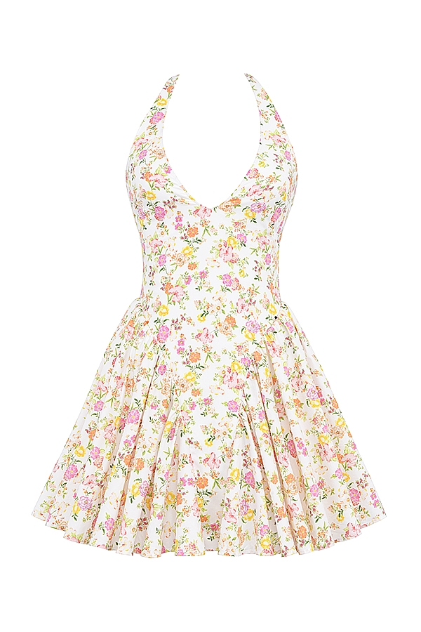 Valentia-Ivory Meadow Print Cotton Halter Mini Dress
