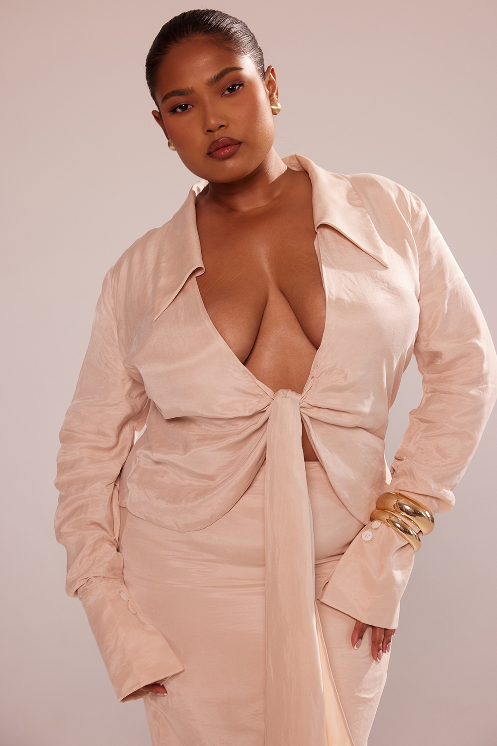 Nevaeh-Almond Plunge Shirt Midi Dress