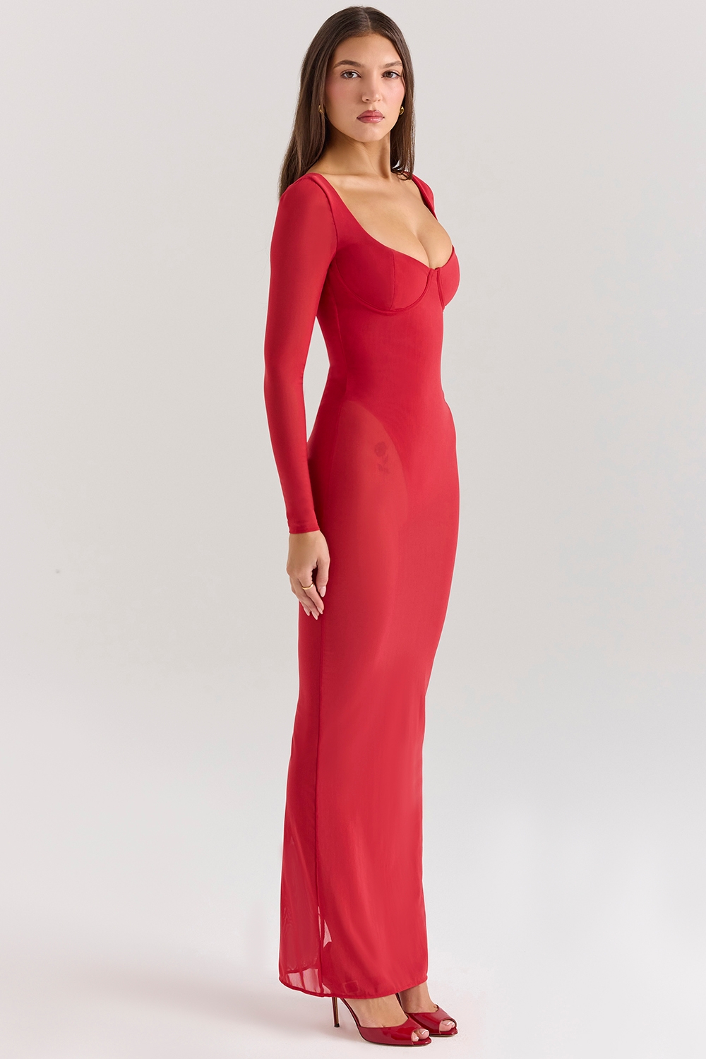 Everly-Holly Red Mesh Maxi Dress with Bodysuit
