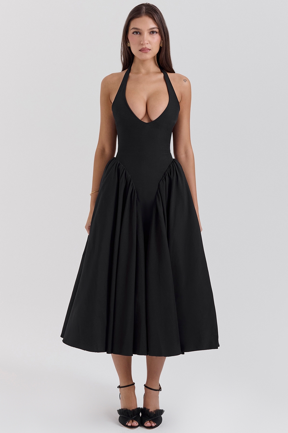 Marilyn-Black Twill Halter Midi Dress