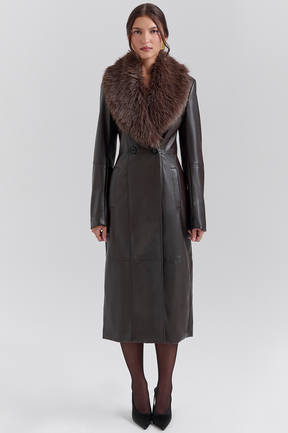 Marcel-Brown Faux Fur Trimmed Vegan Leather Coat