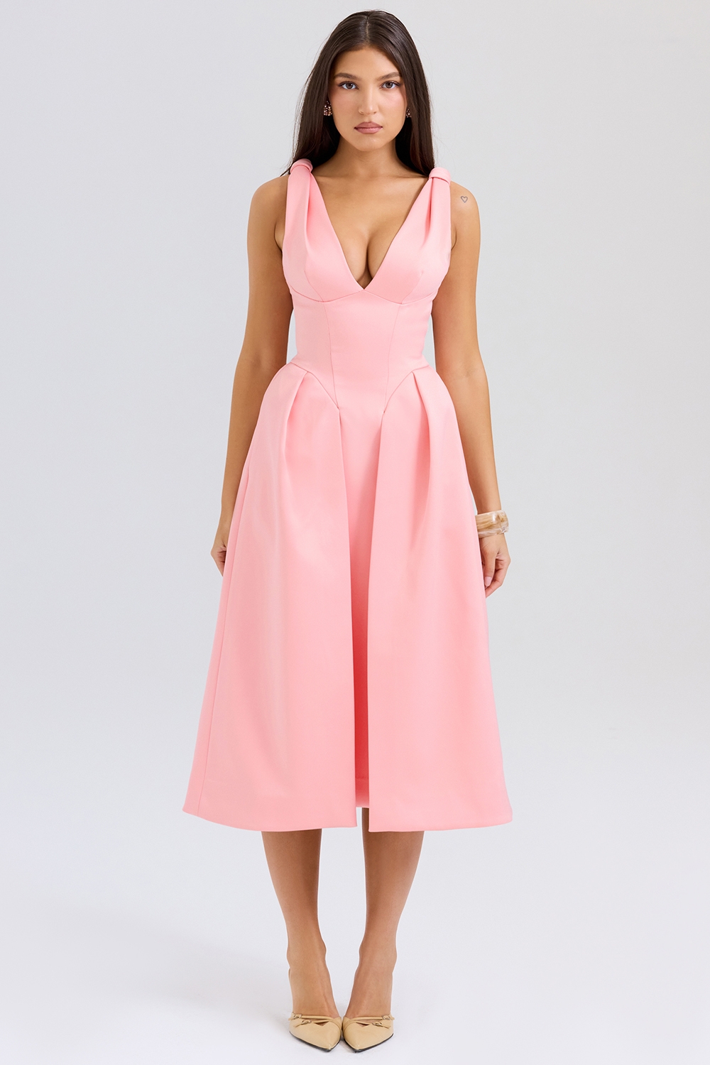 Paloma-Peach Satin Pleated Midi Dress - SALE