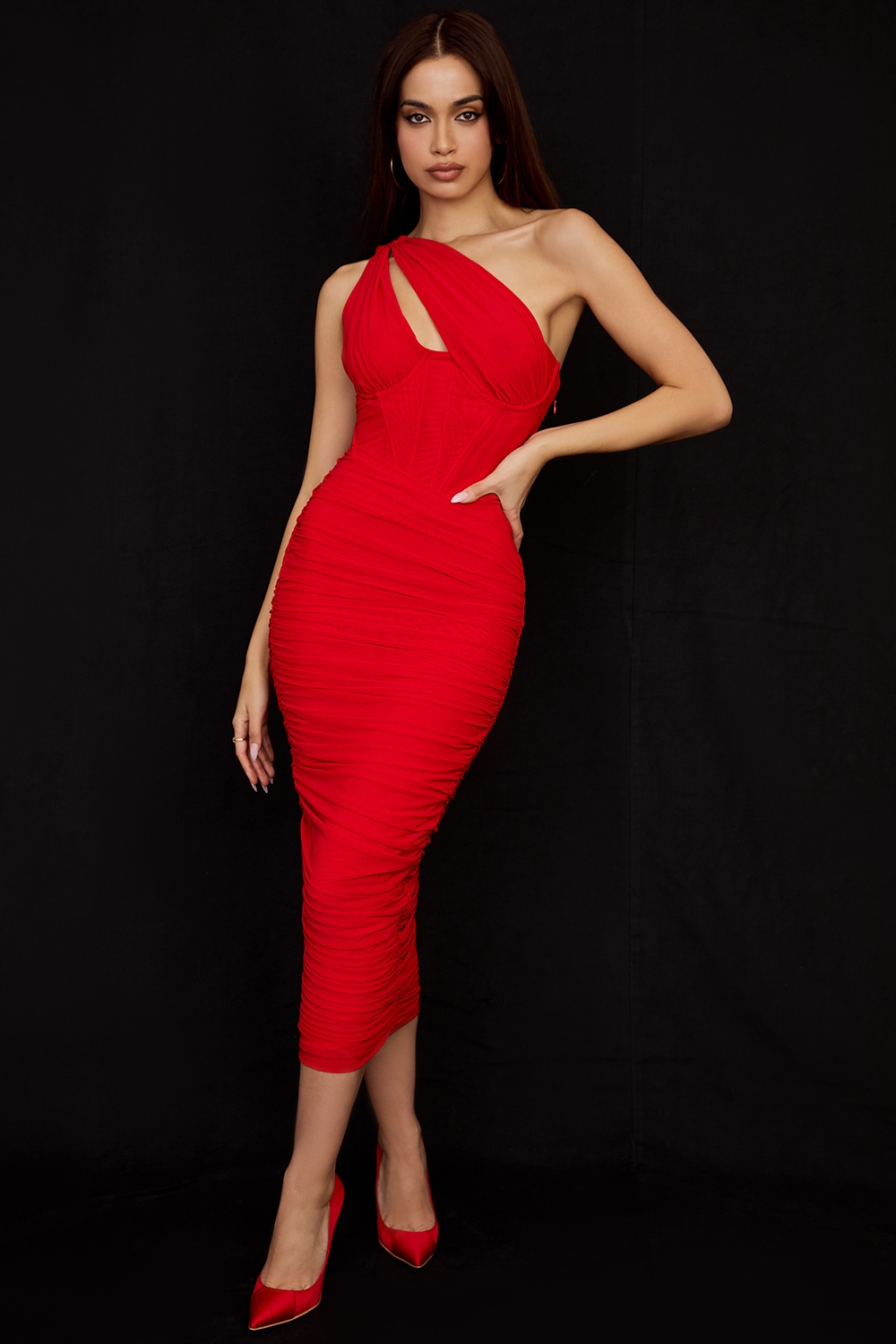 Valentina-Scarlet Asymmetric Cutout Midi Dress