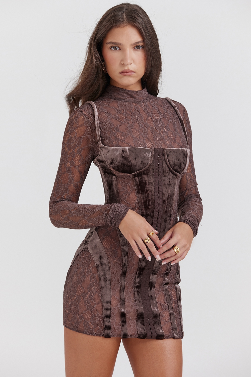 Marica-Brown Velvet & Lace Corset Dress