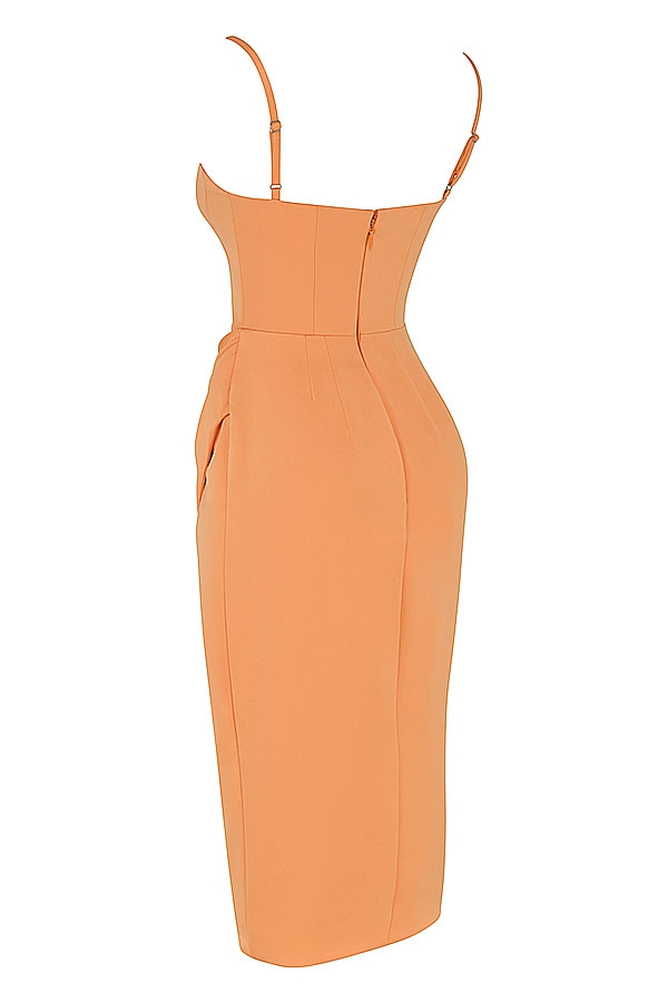 Bianca-Tangerine Satin Pleated Corset Midi Dress