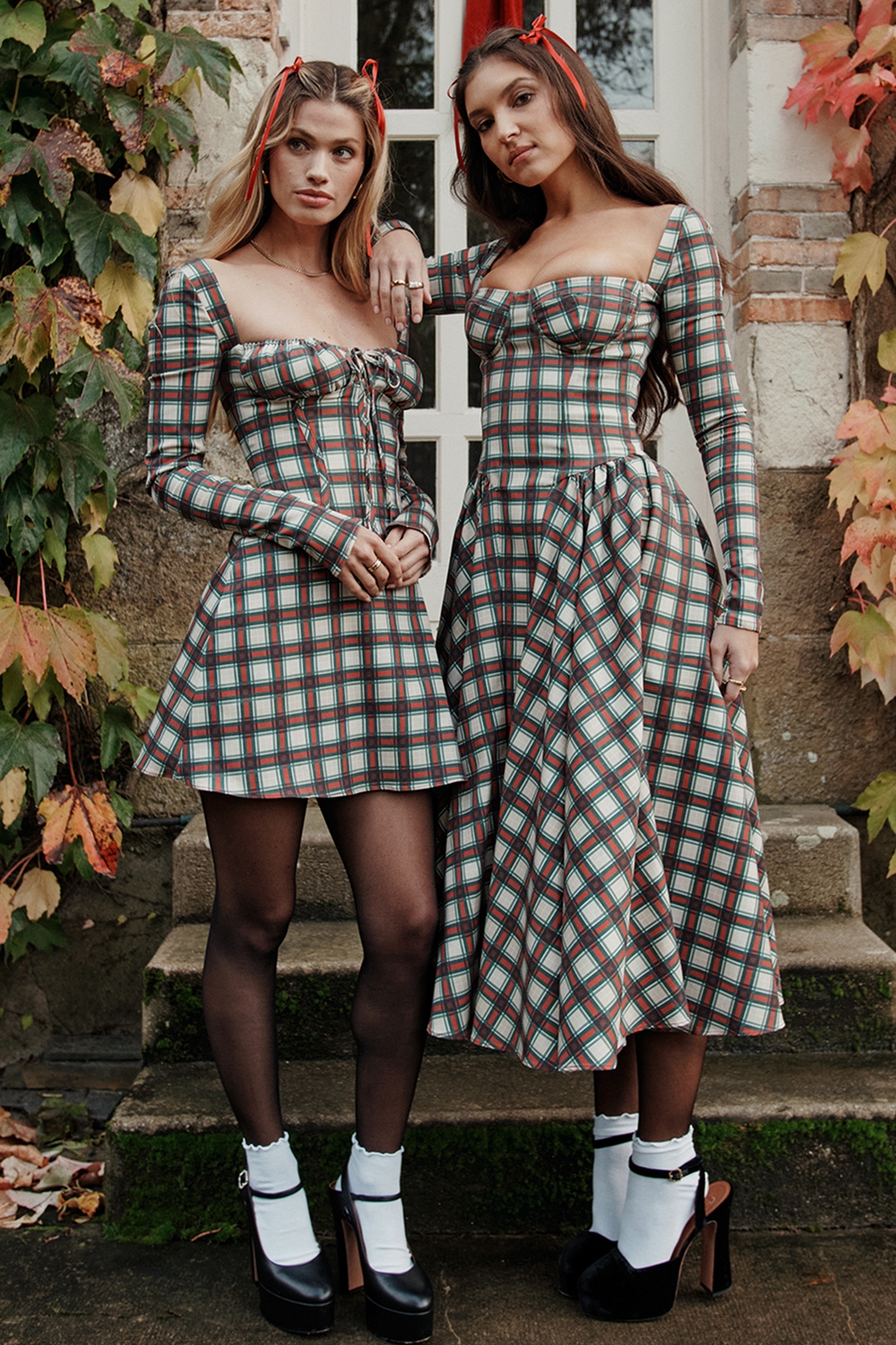 Eliza-Red Tartan Corset Midi Dress