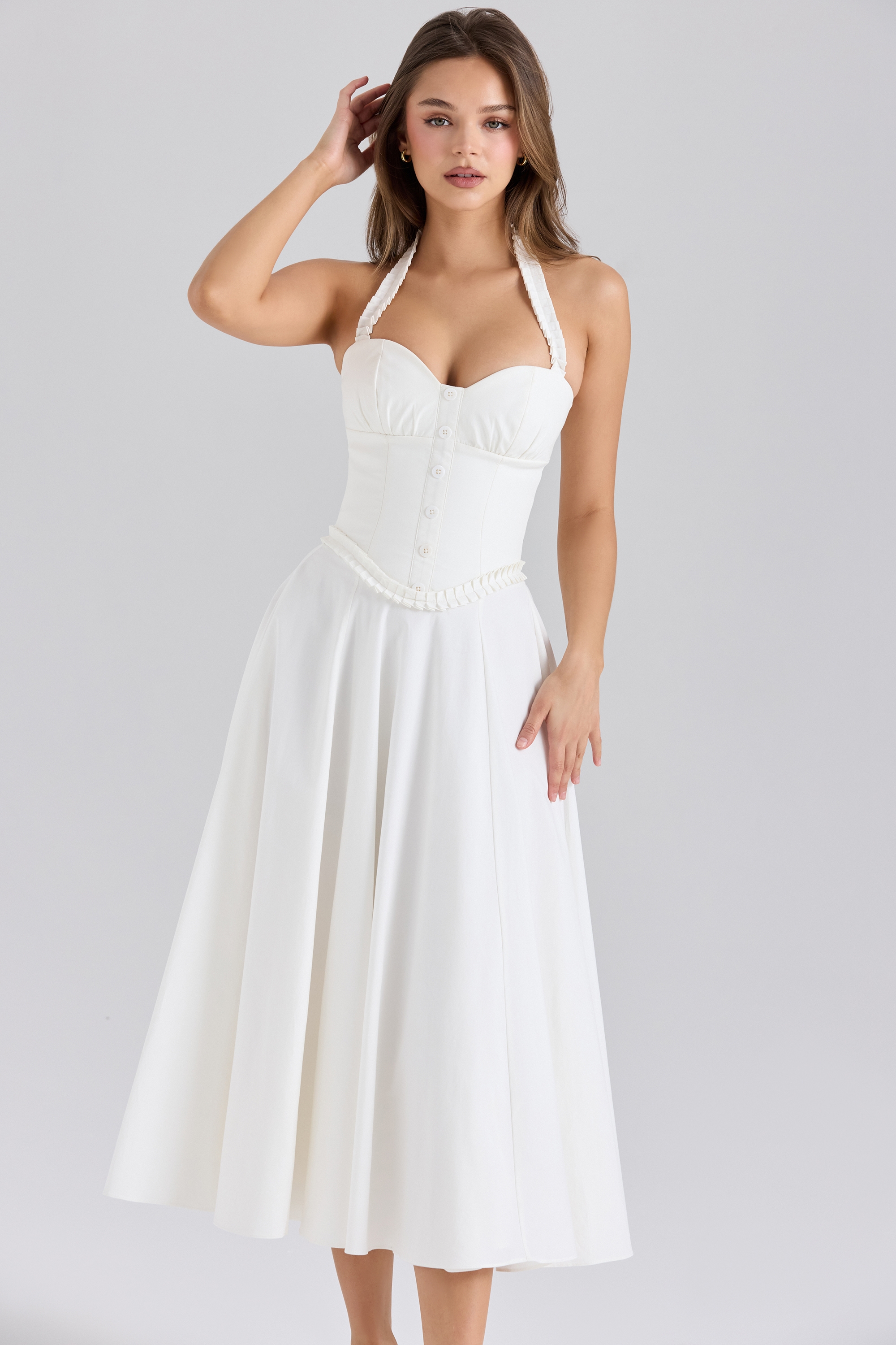 Georgie-White Stretch Cotton Halter Neck Midi Dress