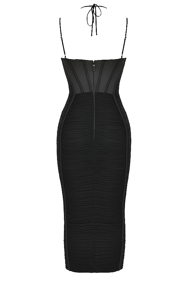 Maya-Black Ruched Midi Dress