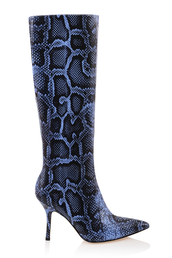 Royale-Blue Print Leather Knee High Boots - SALE