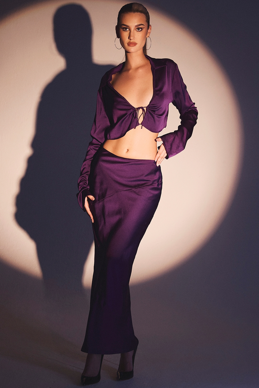 Lavender-Grape Satin Cropped Tie Front Top