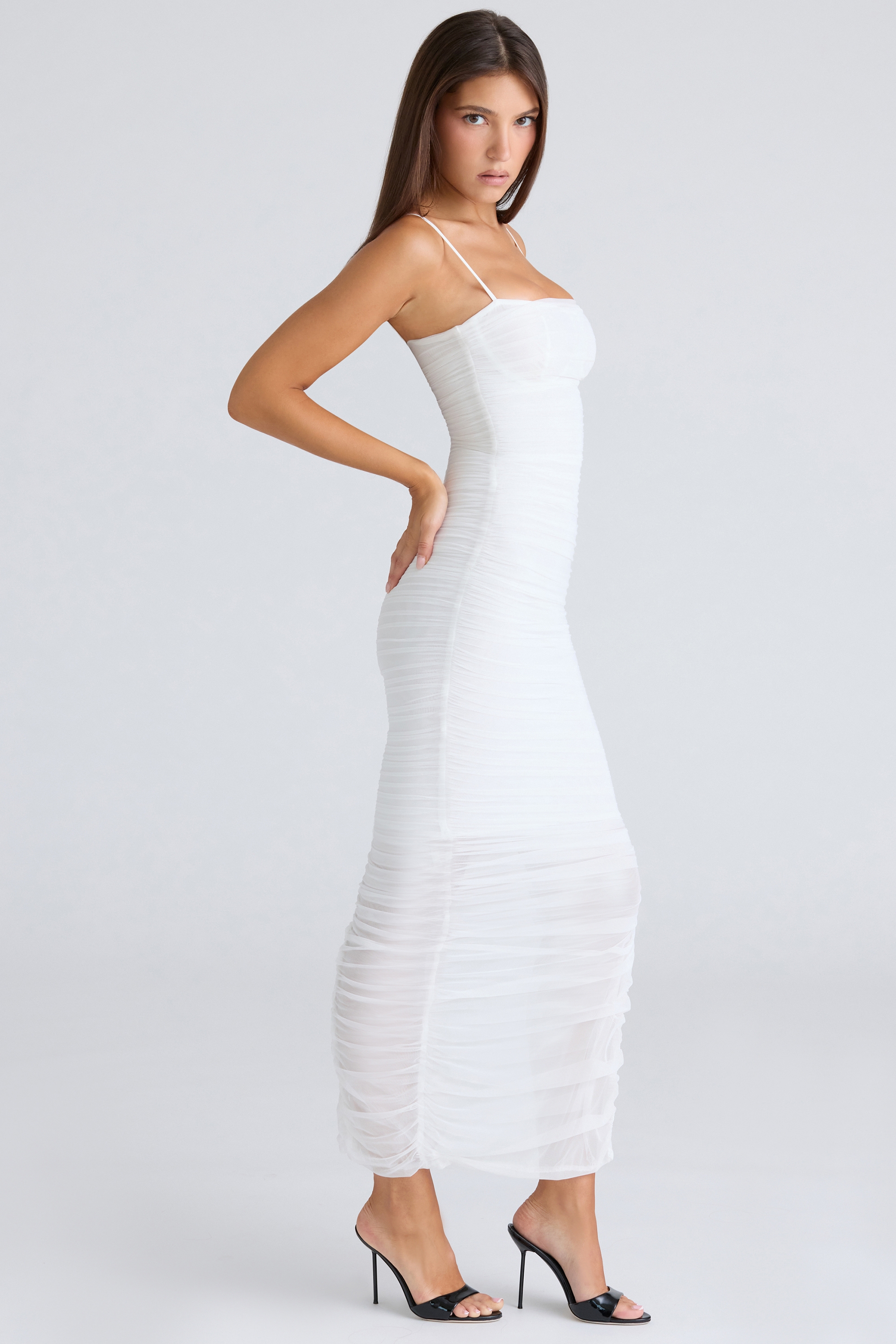 Fornarina-White Gathered Stretch Mesh Maxi Dress