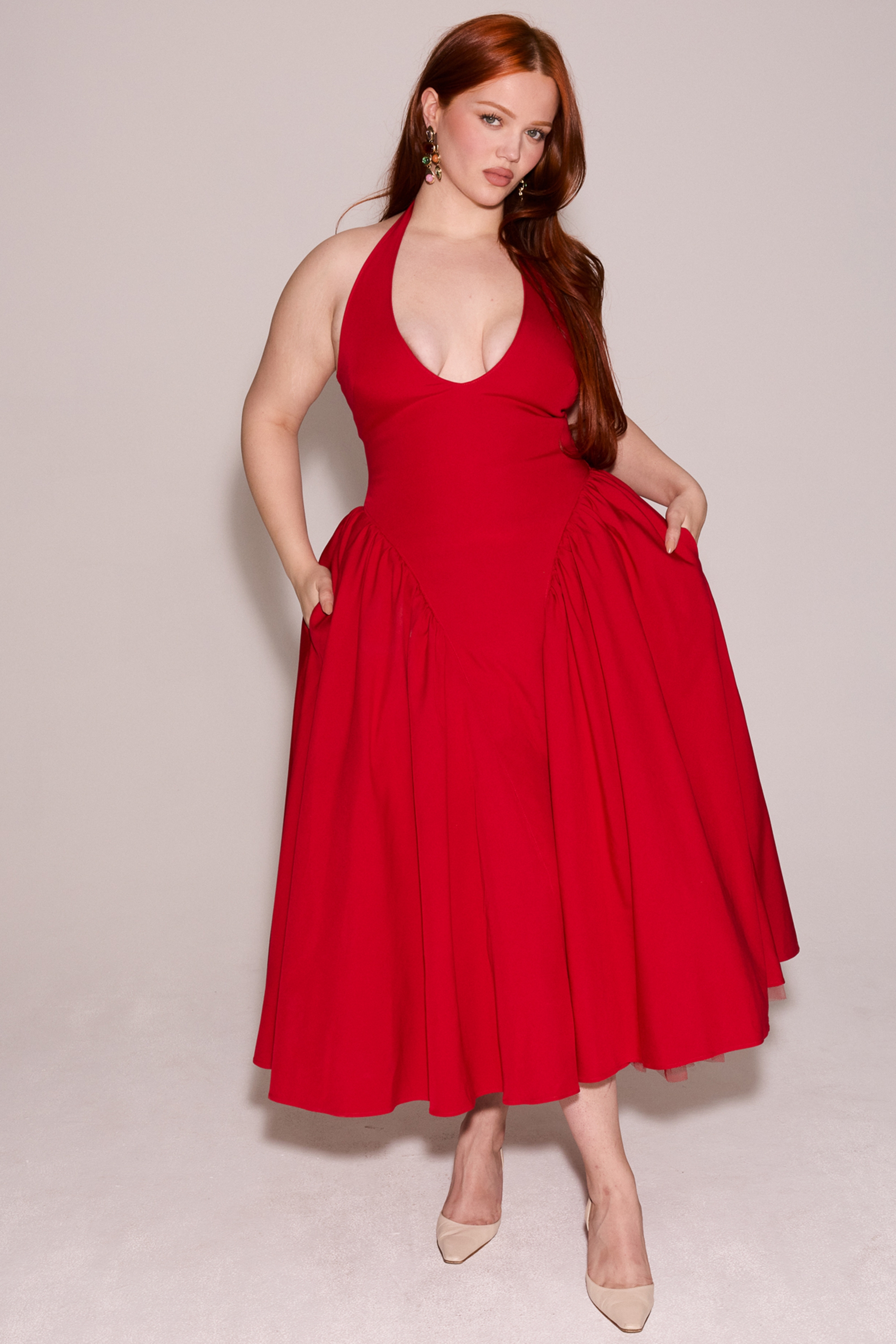 Marilyn-Red Twill Halter Midi Dress