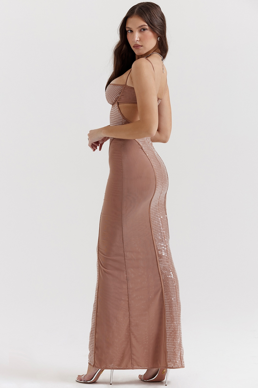 Bonita-Cafe Au Lait Sequin Maxi Dress