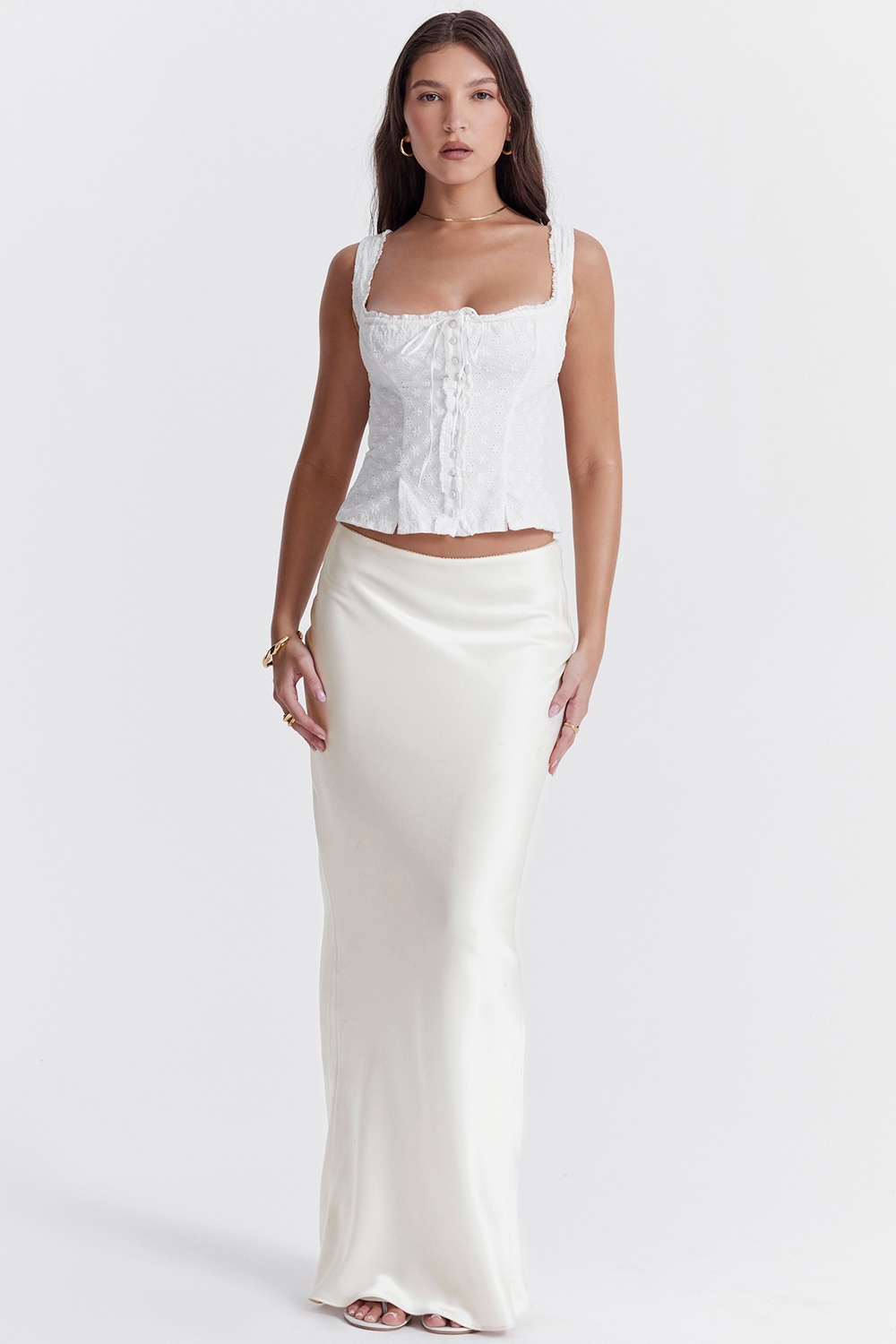 Sydel-White Satin Bias Cut Maxi Skirt