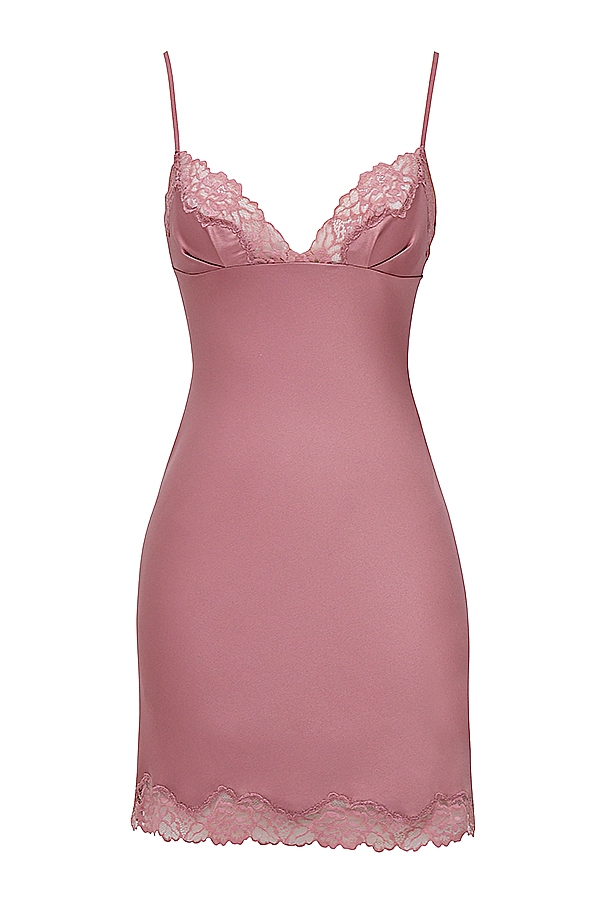 Nia-Rose Pink Satin & Lace Slip Dress