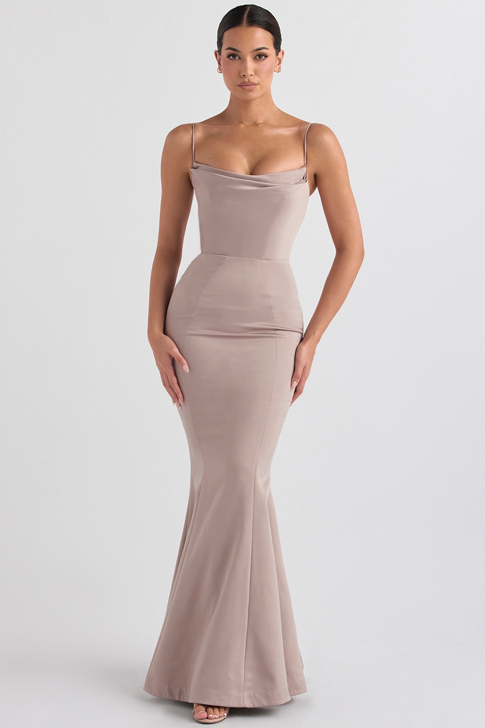 Violette-Mushroom Satin Fishtail Gown