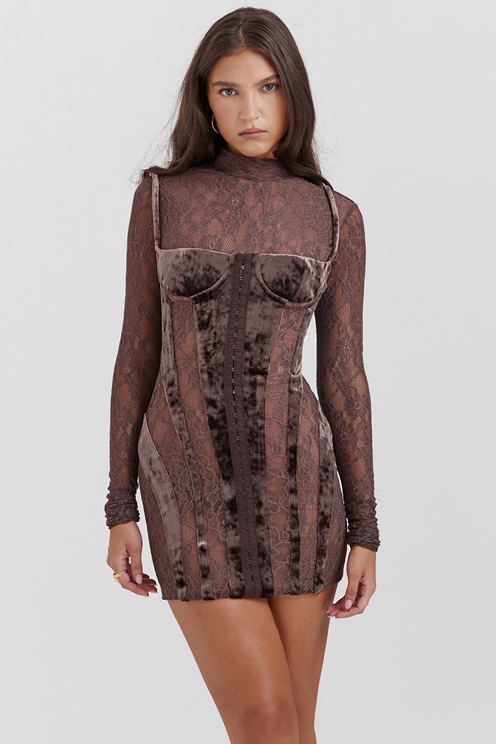Marica-Brown Velvet & Lace Corset Dress