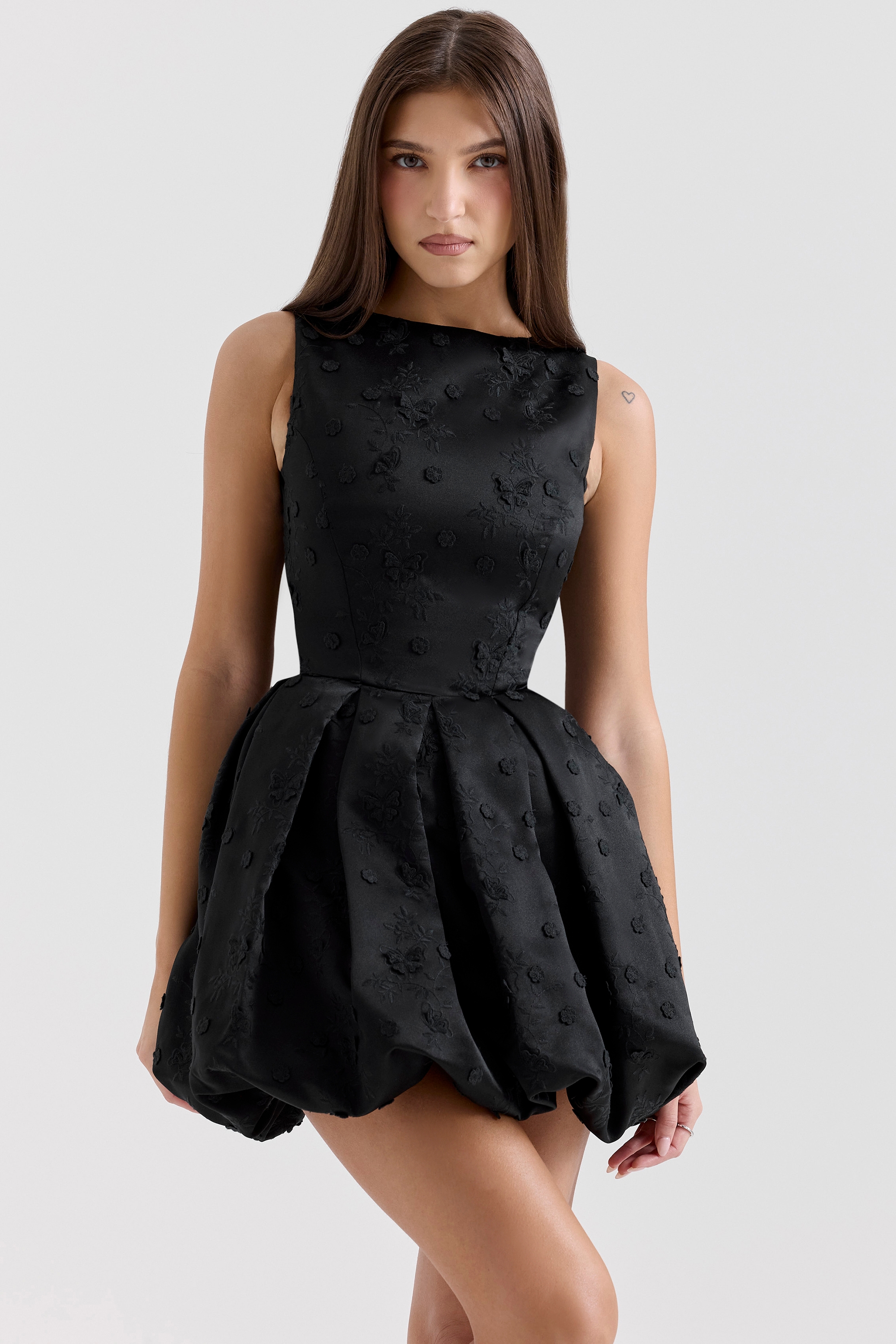 Melika-Black Backless Embroidered Mini Puffball Dress