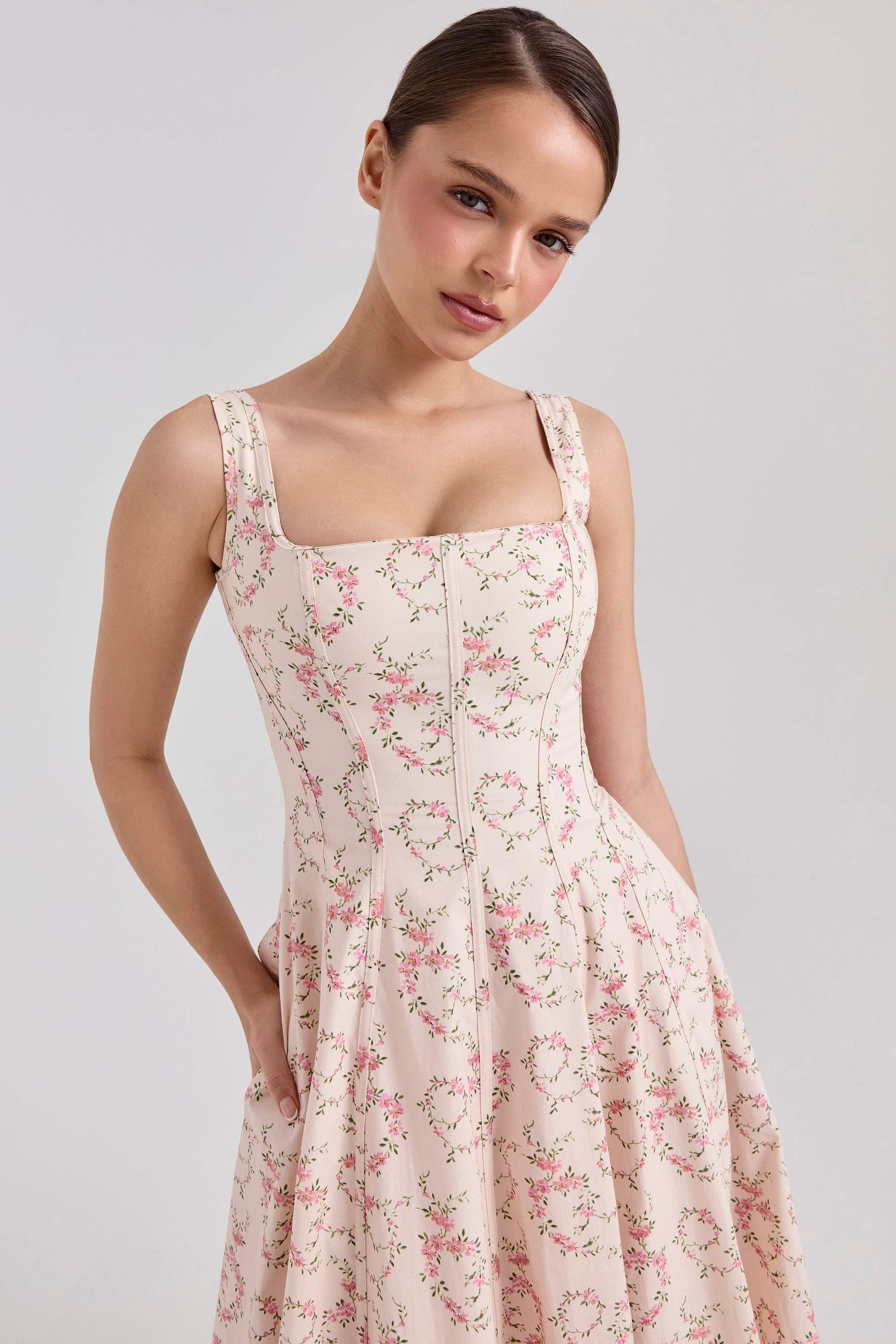 Mariabella-Cream Floral Print Cotton Midi Sun Dress