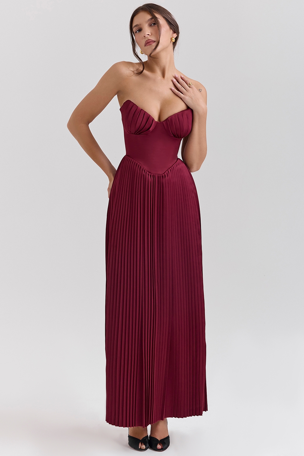 Marcella-Berry Pleated Satin Maxi Dress