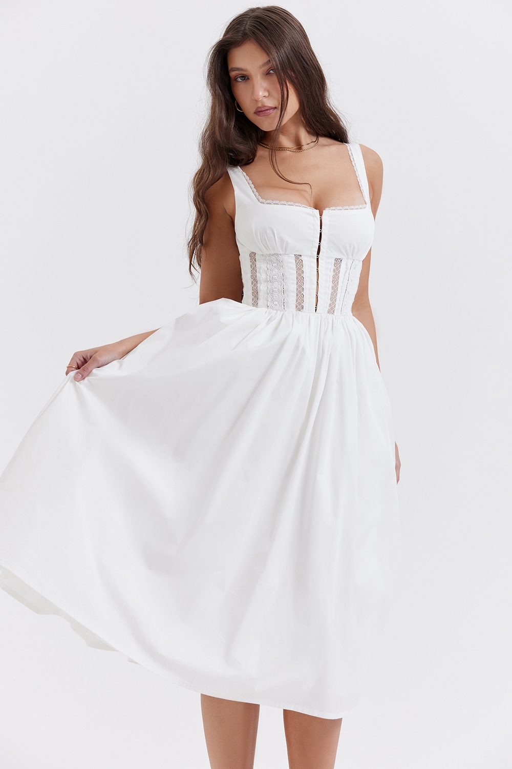 Perle-White Lace Trim Midi Dress