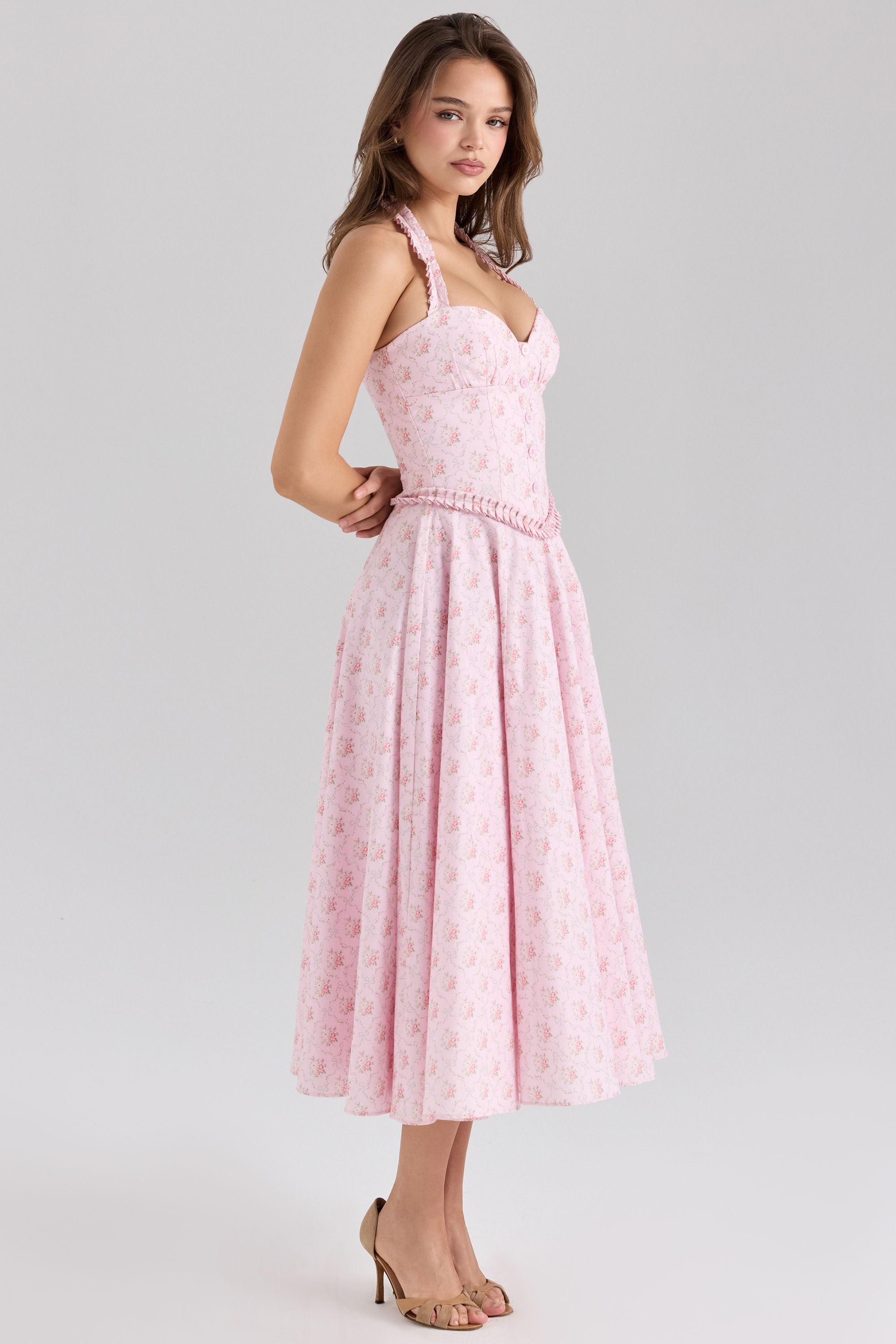 Georgie-Pink Rose Print Stretch Cotton Halter Neck Midi Dress