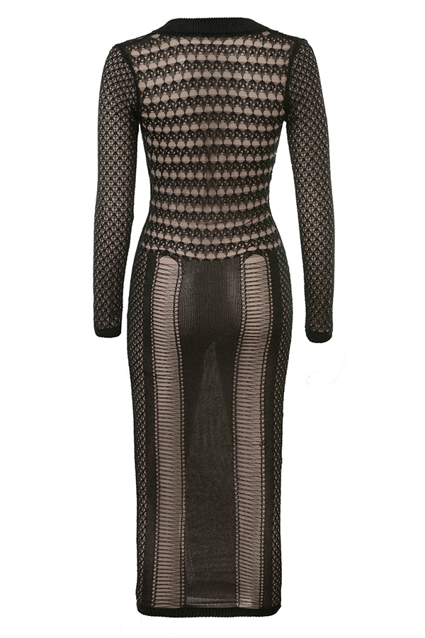 Loula-Black Plunge Open Knit Midi Dress - SALE