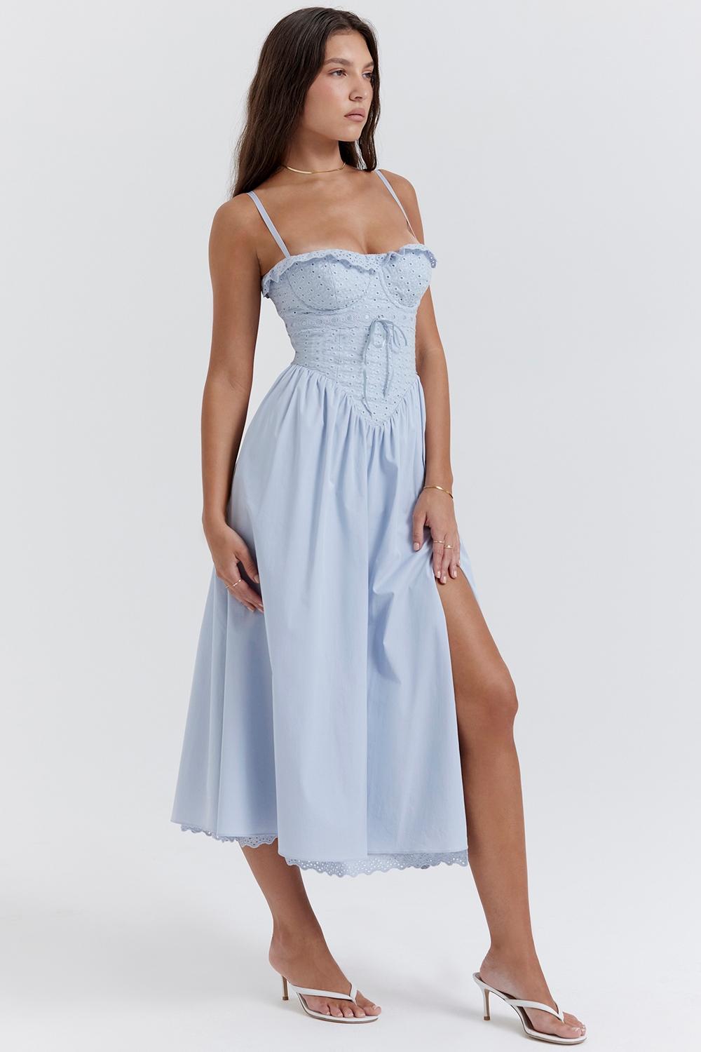 Jaime-Soft Blue Cotton Broderie Anglais Midi SunDress