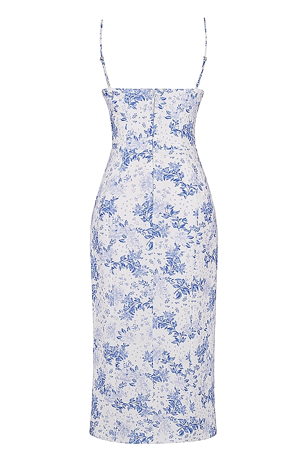 Charlotte-Blue Print Corset Midi Dress