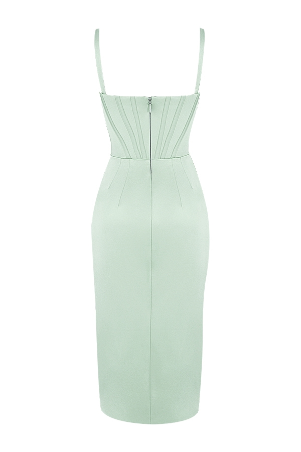 Faye-Pistachio Satin Corset Midi Dress