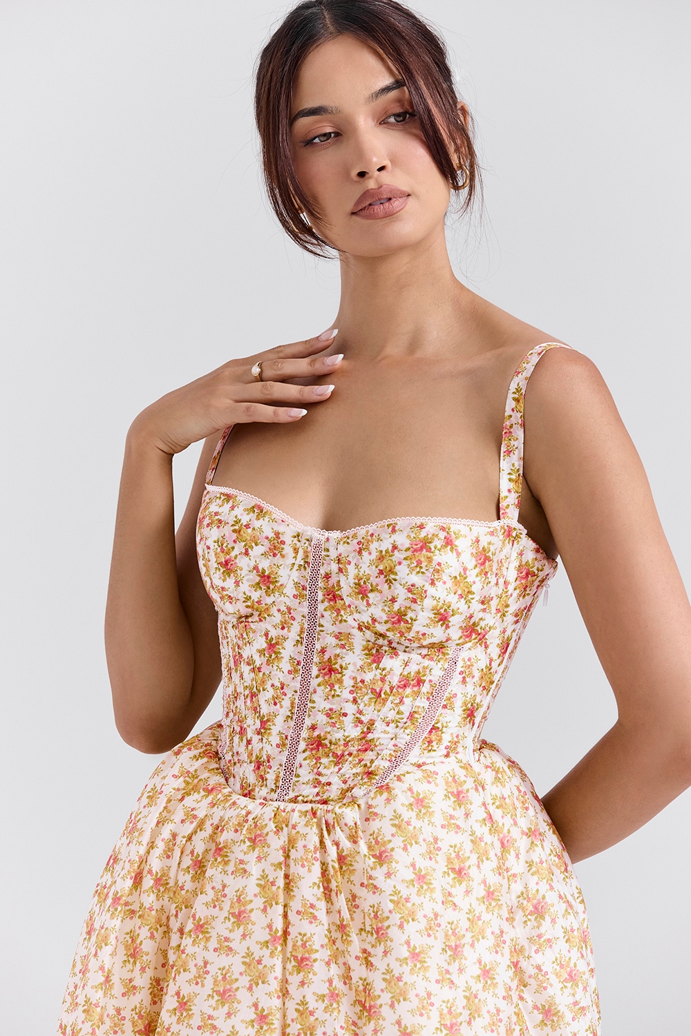 Kelly-Royal Rose Print Corset Midi Sundress