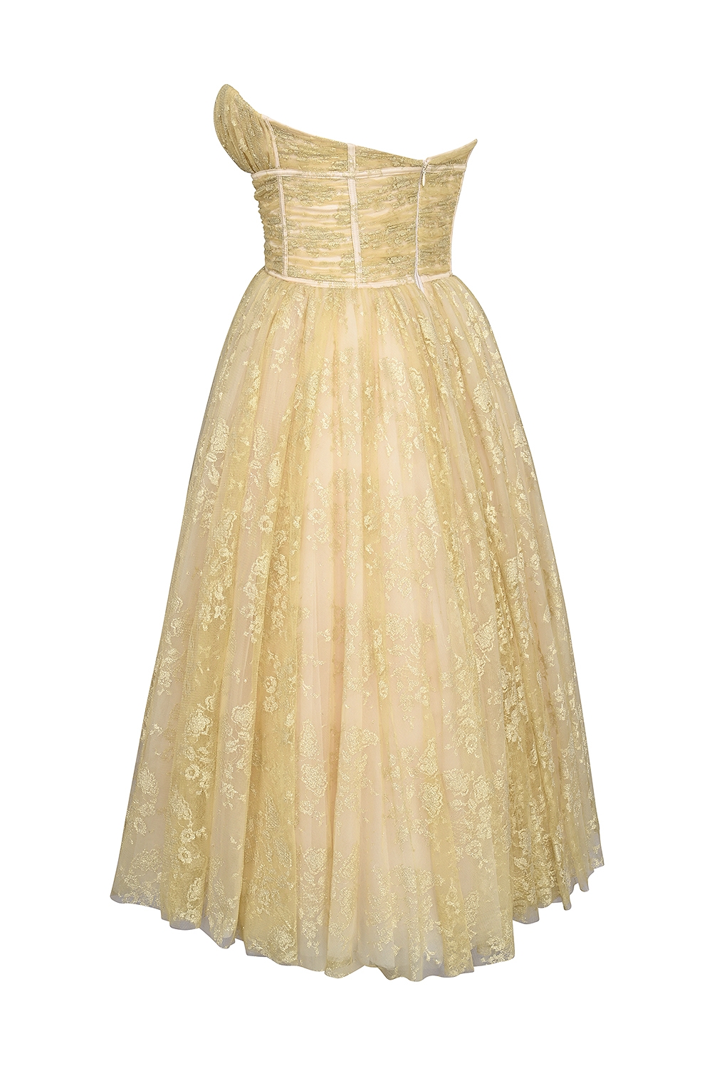 Madame-Gold Metallic Lace Tulle Midi Gown