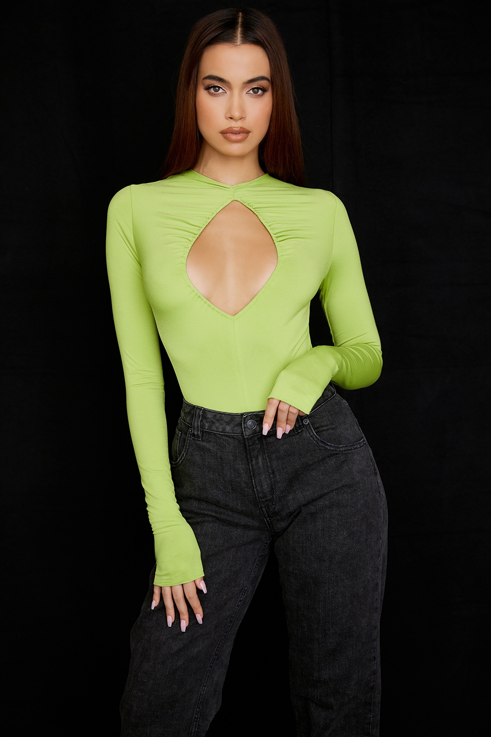 Estrelle-Lime Green Cutout Bodysuit