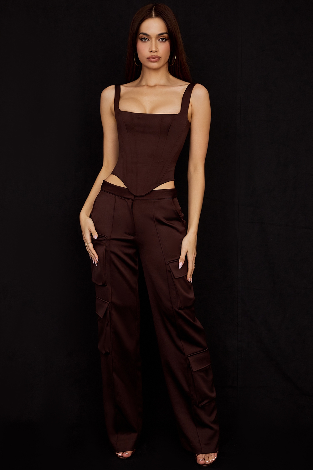 Daria-Chocolate Satin Cargo Trousers