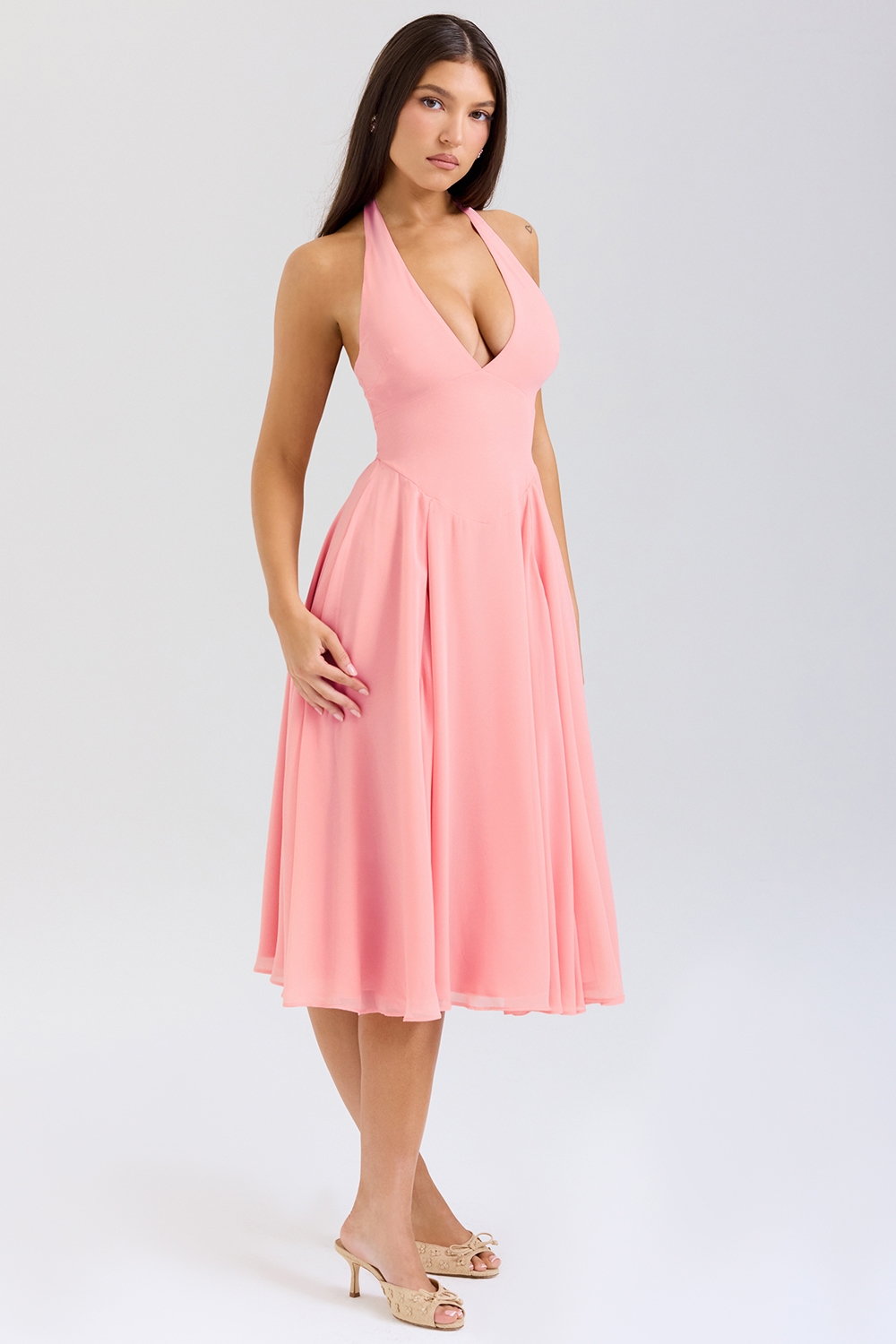 Solada-Peach Georgette Halter Sundress