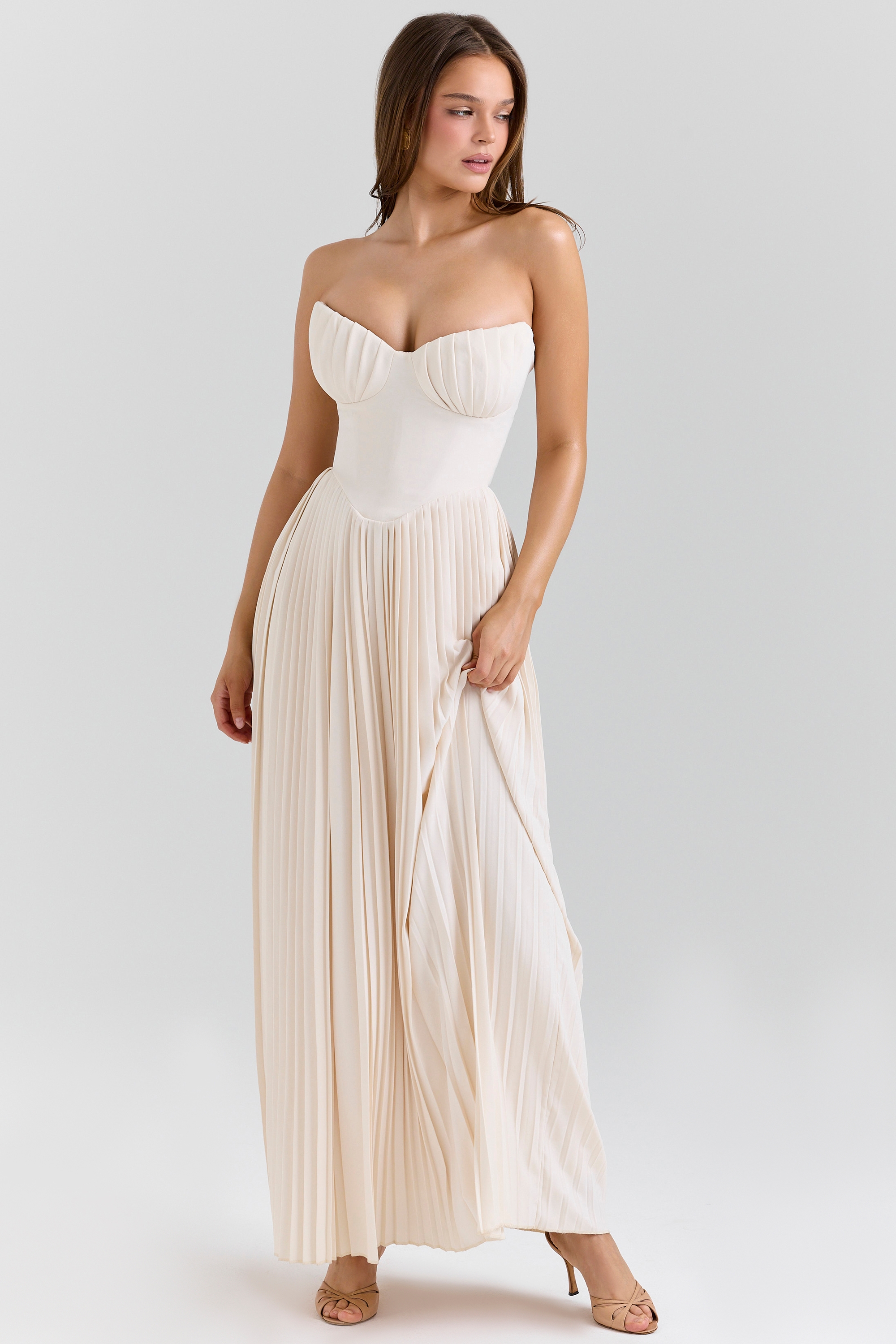 Marcella-Ivory Georgette Pleated Maxi Dress