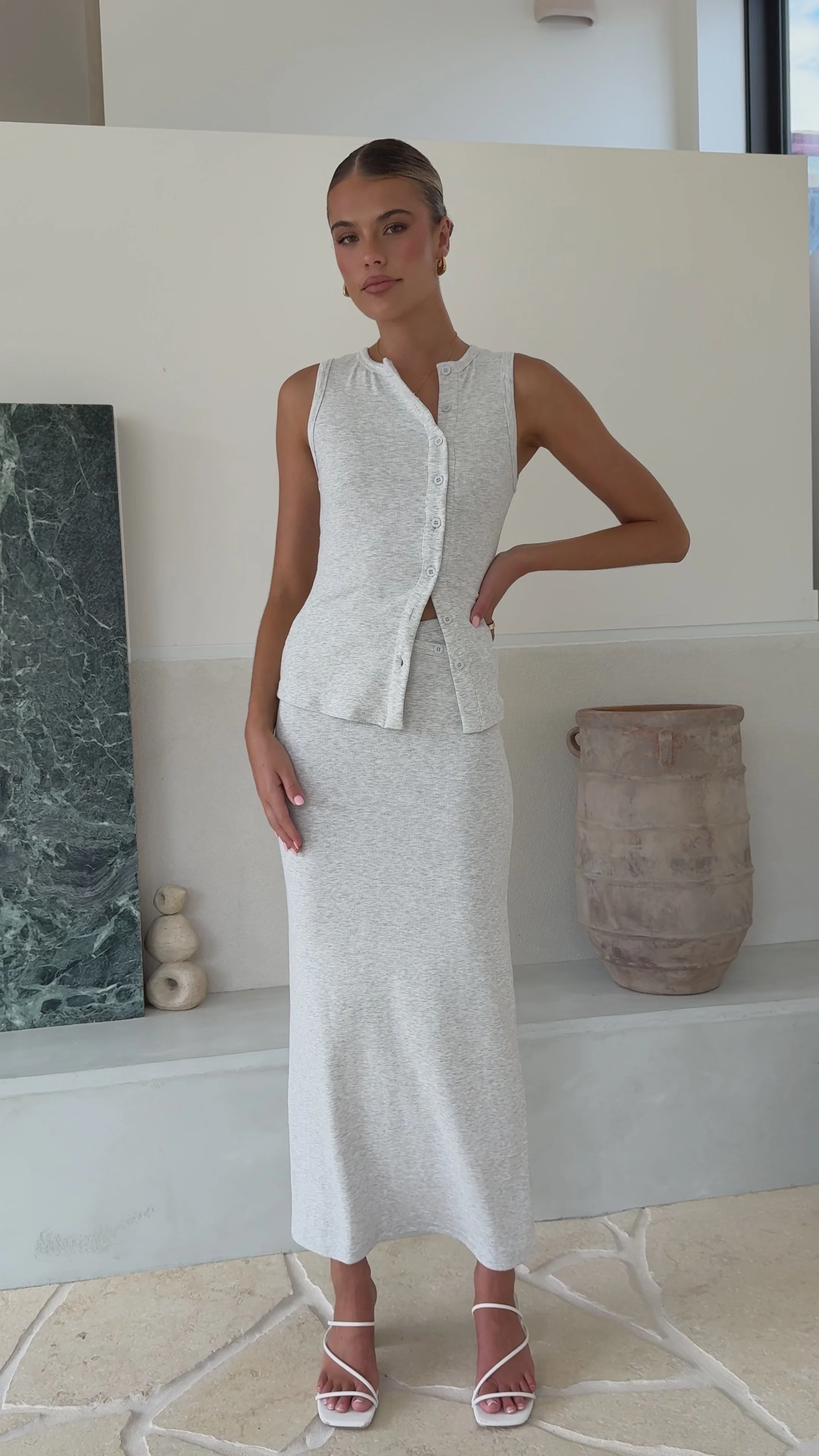 Rahela Button Top and Maxi Skirt Set - Grey Marle