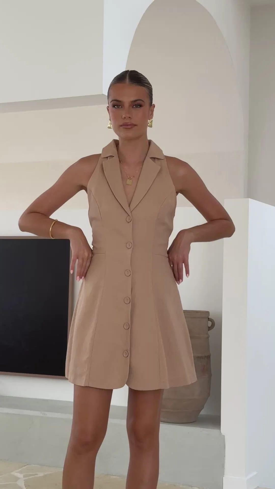 Trixie Button Down Mini Dress - Sand