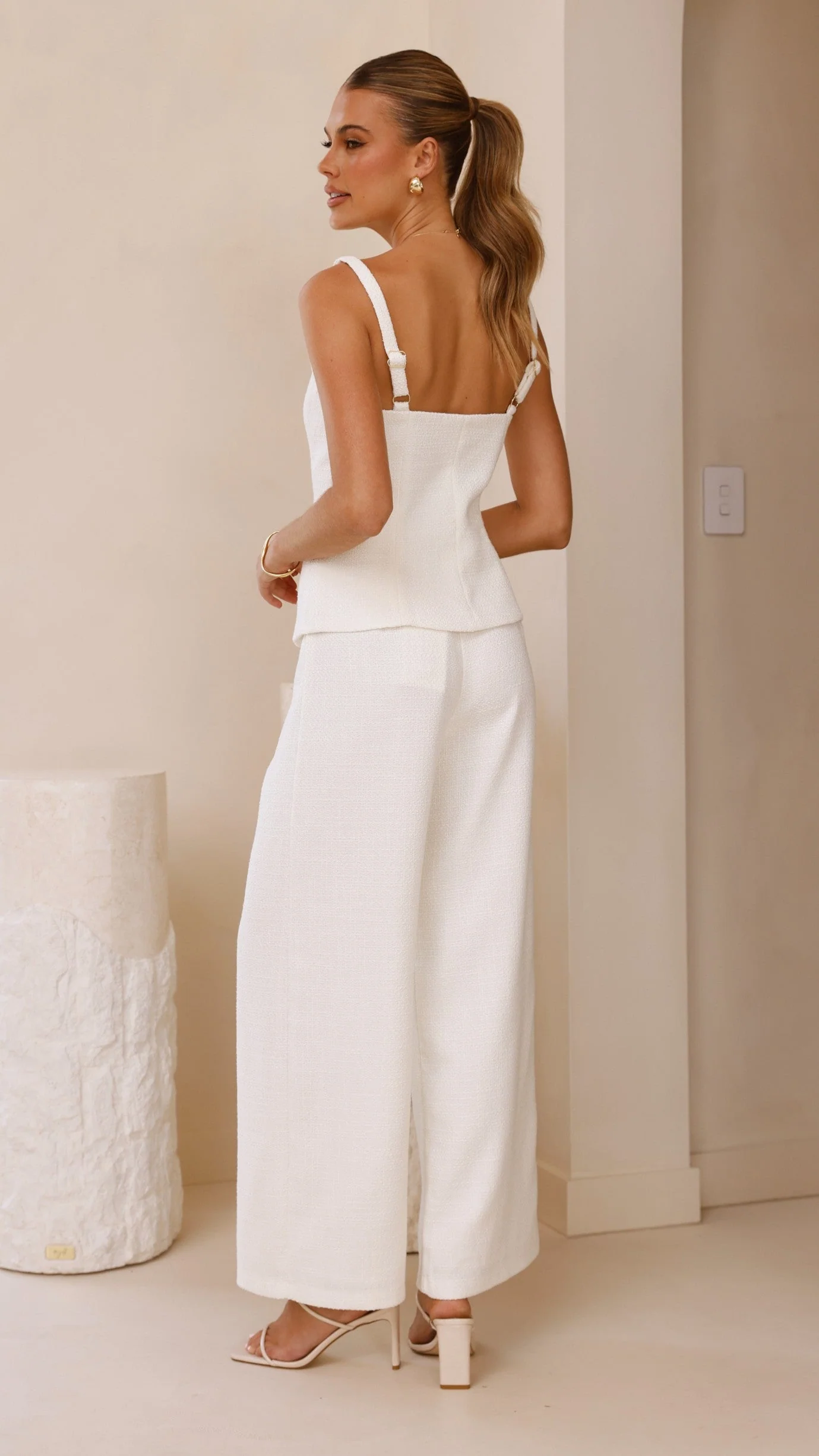 Karrina Tweed Button Up Vest and Pants Set - White