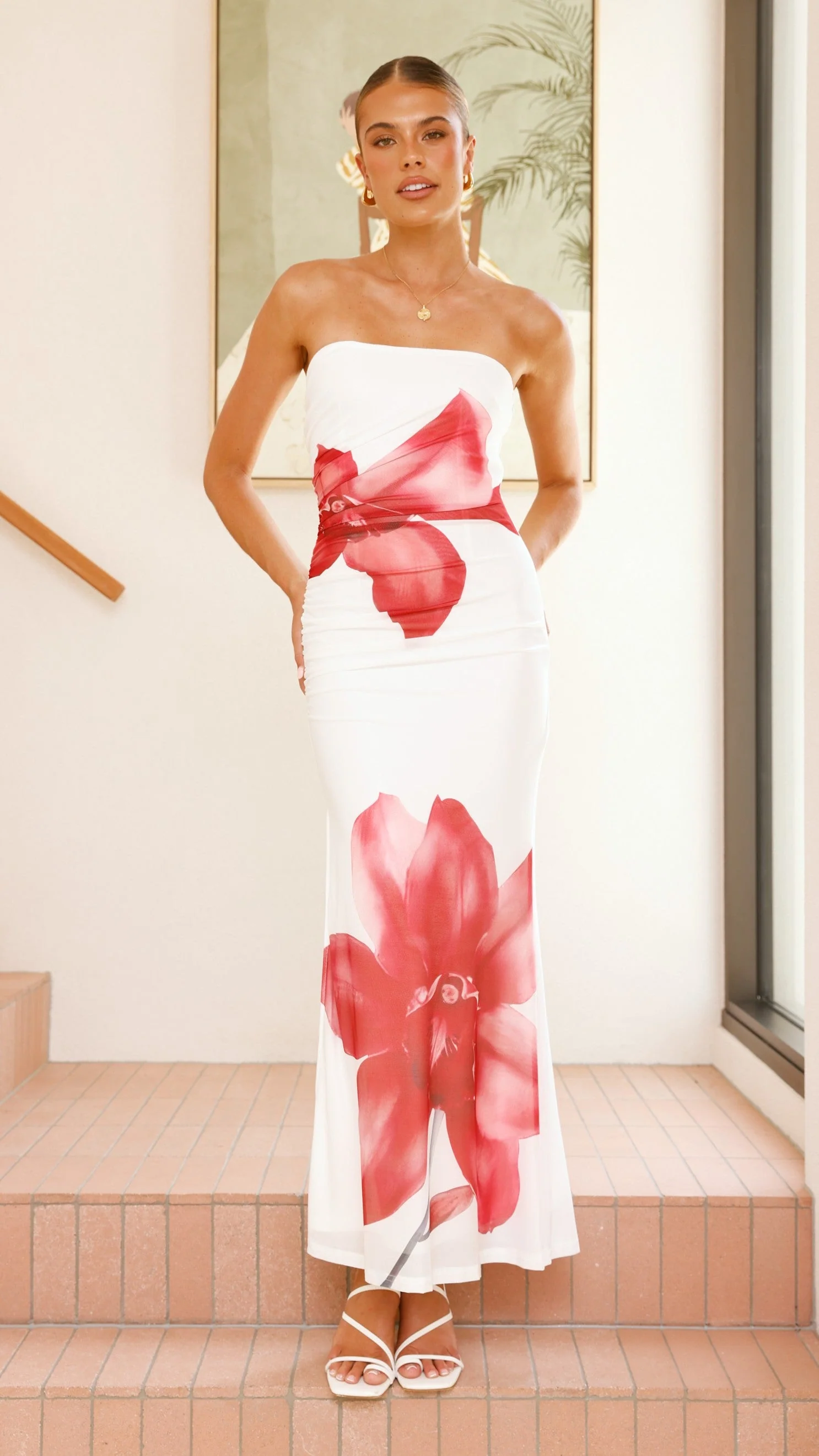 Brittani Strapless Maxi Dress - White/Red