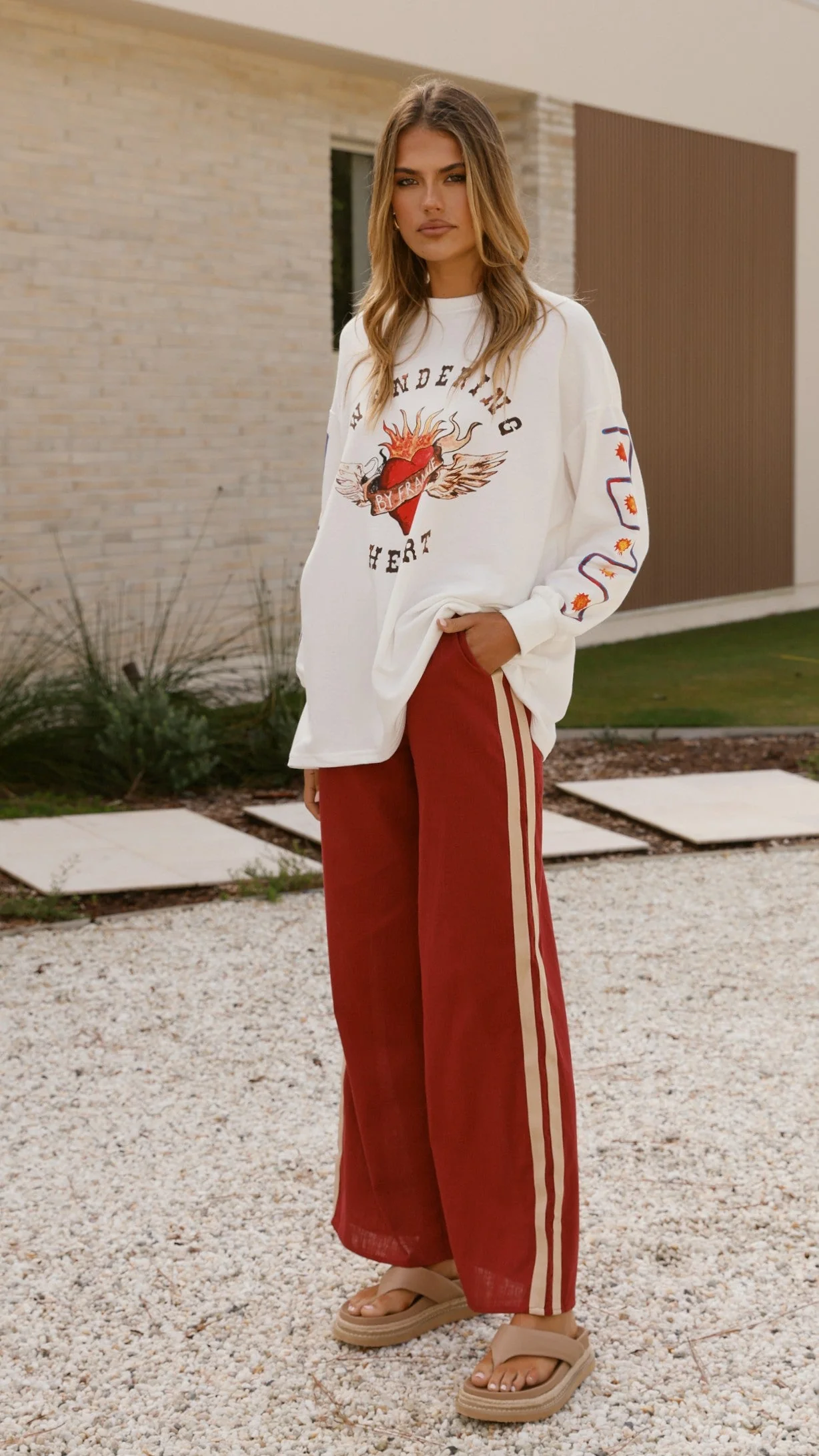 Wandering Heart Long Sleeve Top and Pants Set - Dark Red