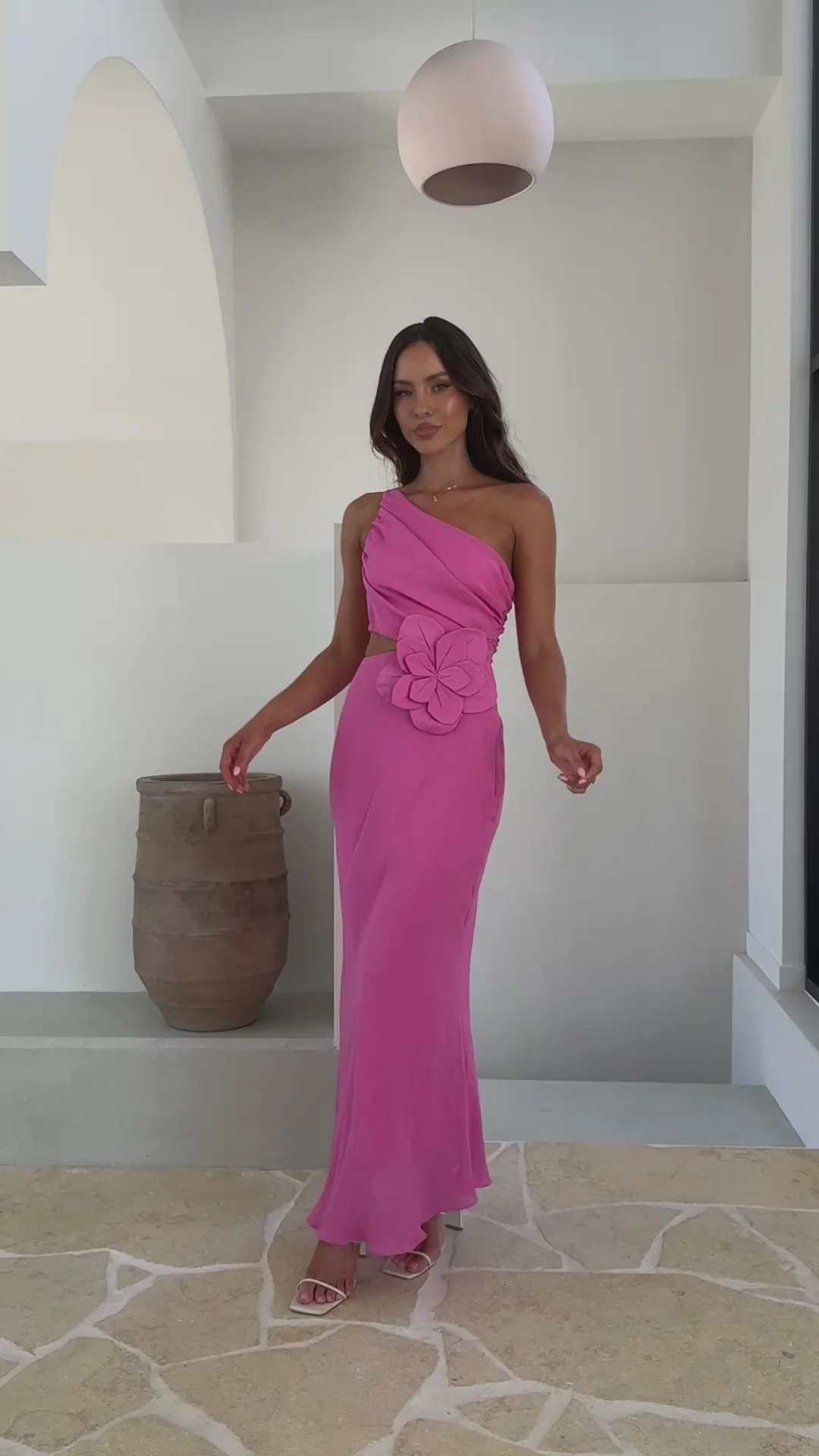 Bloom One Shoulder Cut Out Maxi Dress - Hot Pink